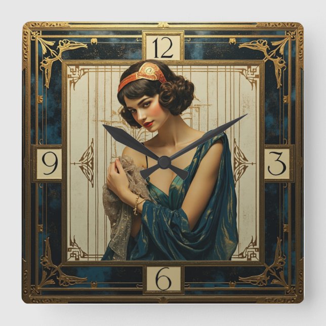 Art Deco Girl Quadratische Wanduhr (Vorderseite)