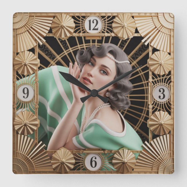 Art Deco Girl Quadratische Wanduhr (Vorderseite)