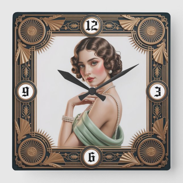 Art Deco Girl Quadratische Wanduhr (Vorderseite)