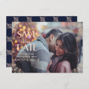 Art Deco Glamour Navy Blue Rose Gold Ornamental Save The Date
