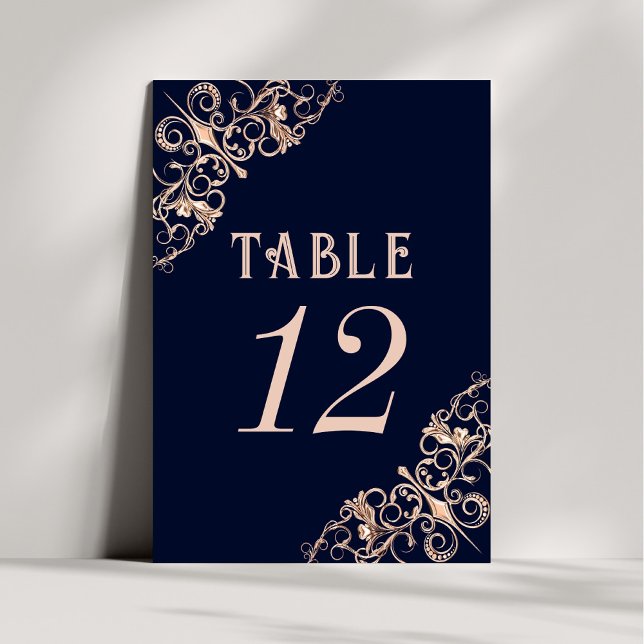 Art Deco Glamour | Navy Blue Rose Gold Ornamental Tischnummer (Von Creator hochgeladen)