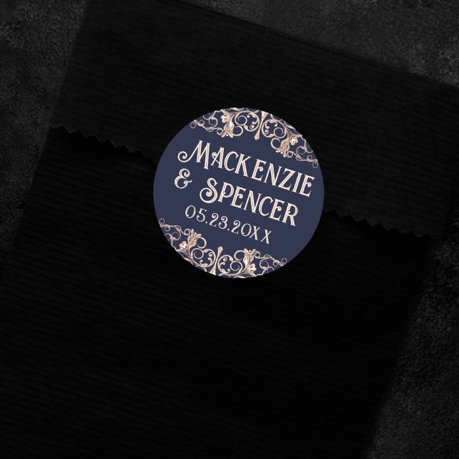 Art Deco Glamour | Navy Blue Rose Gold Wedding Runder Aufkleber (Von Creator hochgeladen)