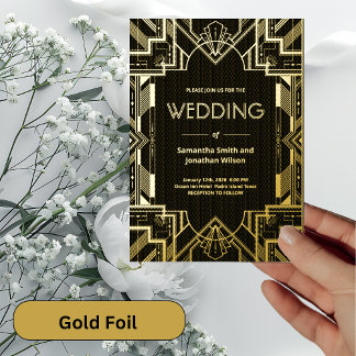 Art Deco Glamouröse Gold auf schwarzer Folie Hochz Folieneinladung
