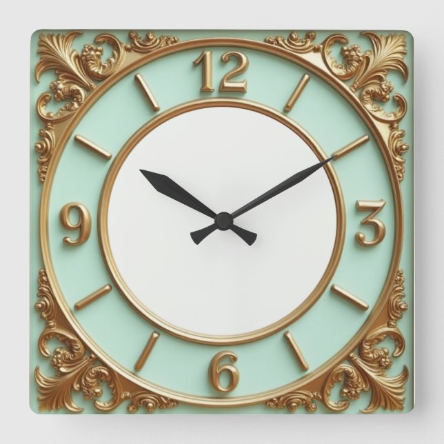 Art Deco Gold and Mint Quadratische Wanduhr (Vorderseite)