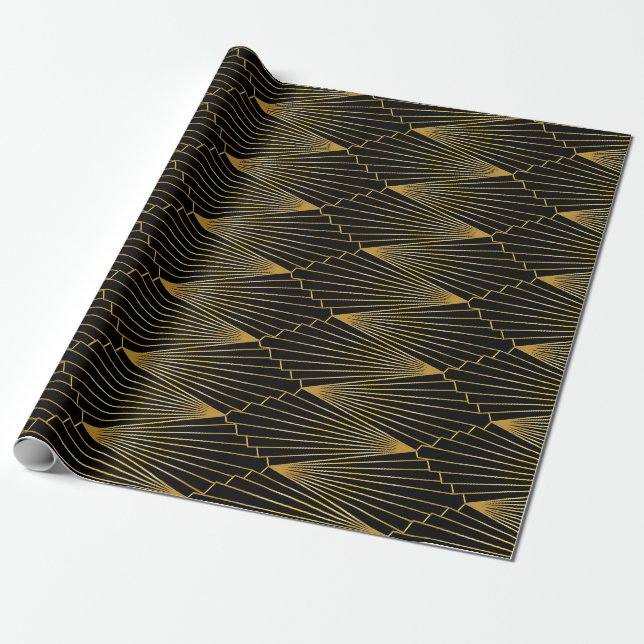 Art Deco Gold auf schwarz Geschenkpapier (Ungerollt)