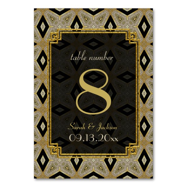 Art Deco Gold Black Diamond Wedding Tischnummer (Vorderseite)
