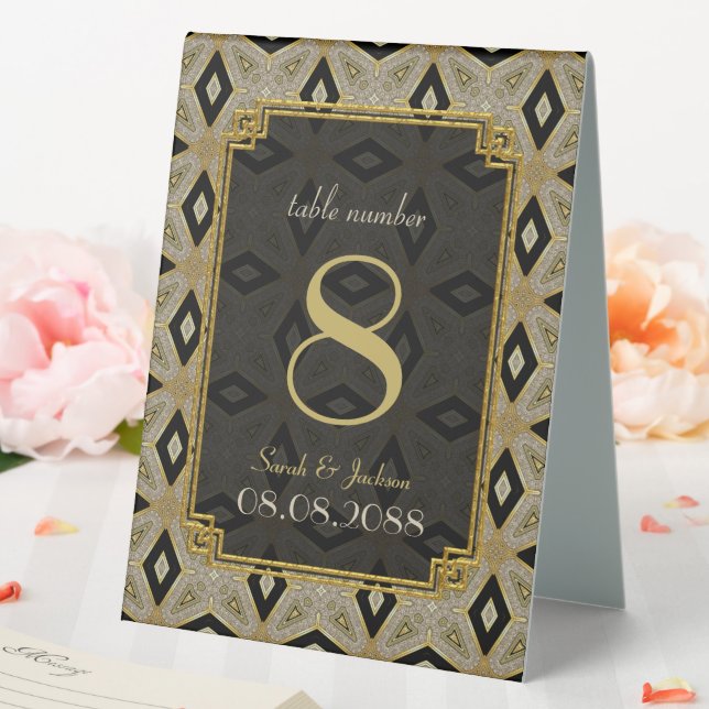 Art Deco Gold Black Diamond Wedding Tischnummer Tischaufsteller (In Situ (Hochzeit))