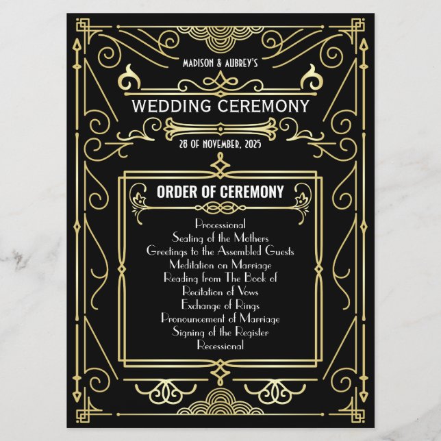 Art Deco Gold Black Entourage Orden der Feier Programm (Vorderseite)