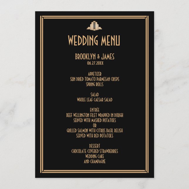 Art Déco Gold Black Great Gatsby Menu Mariage (Devant)