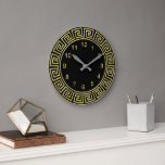 Art Deco Gold Black Greek Key Border Gold Markers Große Wanduhr<br><div class="desc">Art-Deco Gold Black Greek Key Border,  Gold Markers Wall Clock  

 A classic art deco gold border on a black background.  The numeral markers are also in gold.</div>
