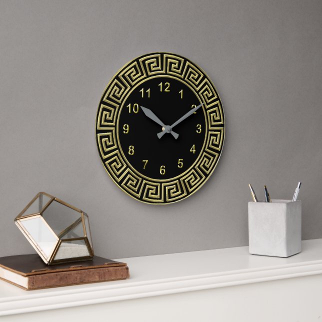 Art Deco Gold Black Greek Key Border Gold Markers Große Wanduhr (Büro)