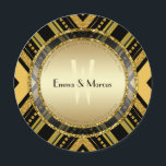 Art Deco Gold Black Round Wedding  Menu Card Menükarte<br><div class="desc">Glam Glamour Art Deco style inspired Round Wedding Menu Card - that would look great placed on the wedding guest plates. Theme : gold, glitter, geometric patterns, glam, metallic, gatsby theme, 1920s style ★ . ★ . ★ Customizable double sided wedding, reception, luncheon or dinner menu with other side of...</div>