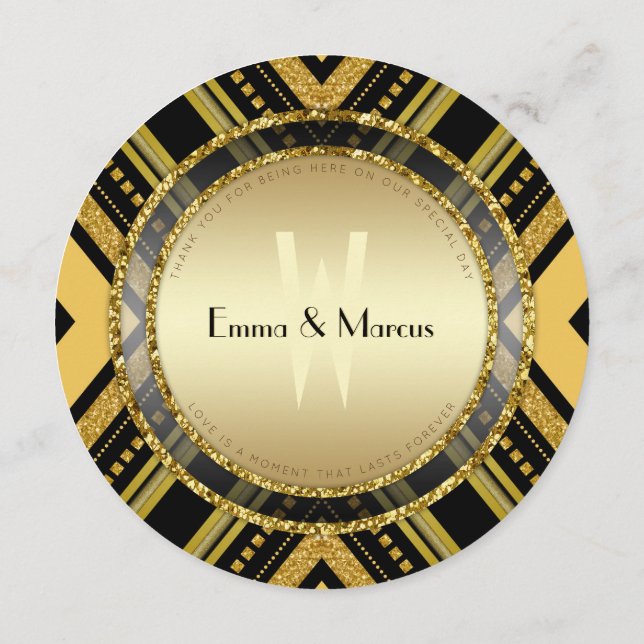 Art Deco Gold Black Round Wedding  Menu Card Menükarte (Rückseite)
