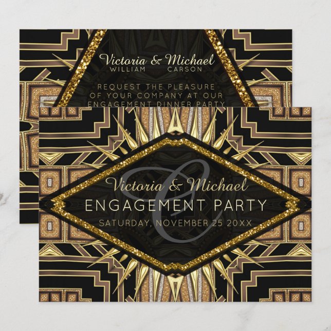 Art Deco Gold + Black Stylish Engagement Party Einladung (Vorne/Hinten)