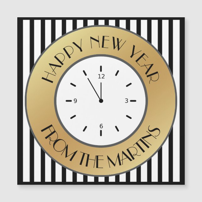 Art Deco Gold Clock und Stripes Fallout Neues Jahr Magnetkarte (Vorderseite)
