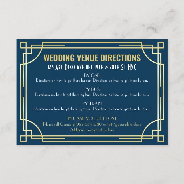 Art Deco Gold Dark Blue Wedding Map Wegbeschreibun Begleitkarte (Vorderseite)