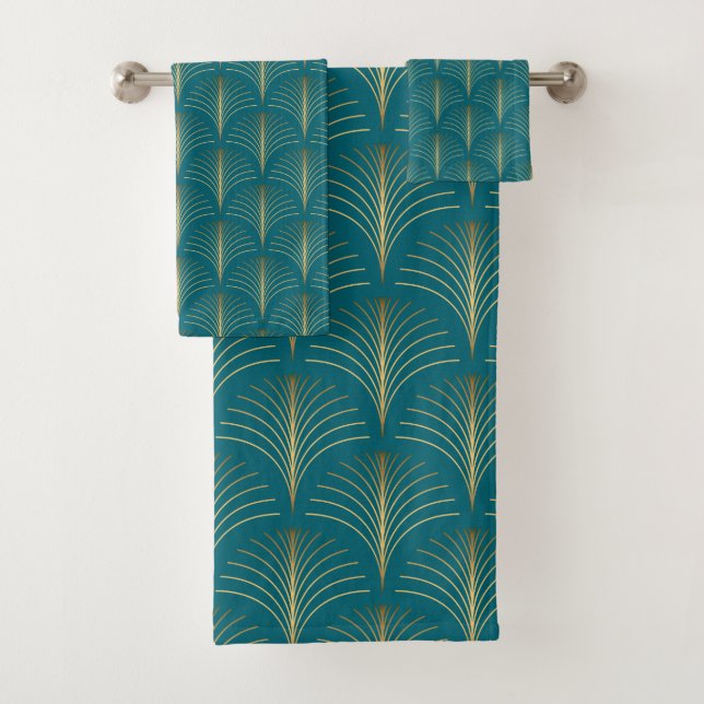 Art Deco Gold Fans von Türkis Badhandtuch Set (Insitu)