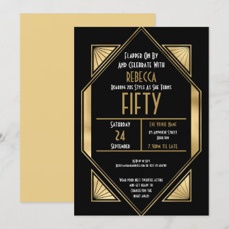 Art Deco Gold Frame 50. Geburtstag Schwarz Einladung