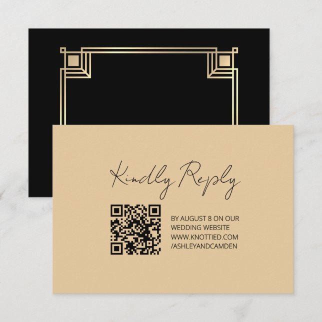 Art Deco Gold Frame QR Code Wedding Response Card RSVP Karte (Vorne/Hinten)
