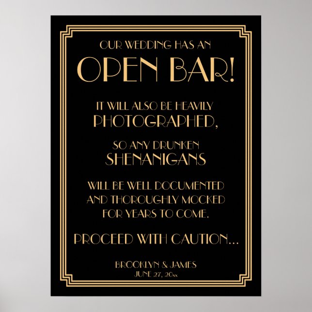 Art Deco Gold Gatsby Black Open Bar Sign 18 x 24 Poster (Vorne)
