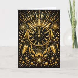 Art Deco Gold Midnight Clock Celebration Feiertagskarte
