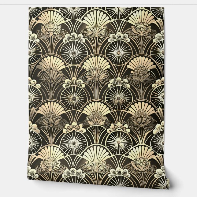 Art Deco Gold Moody Floral Geometric Tapete (Abrollen)