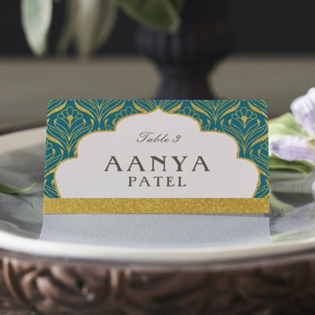 Art Deco Gold Mundap Arch Wedding Escort Name Platzkarte (art deco place card, gold glitter foil escort cards, indian hindu wedding reception, mehndi sangeet)