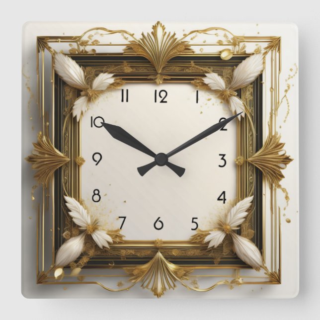 Art Deco Gold Quadratische Wanduhr (Vorderseite)