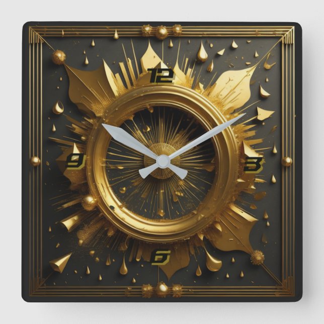 Art Deco Gold Quadratische Wanduhr (Vorderseite)