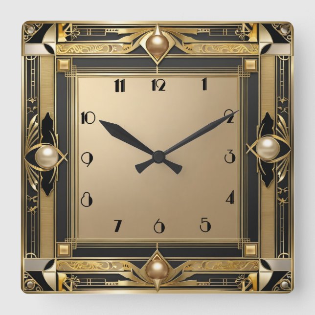 Art Deco Gold Quadratische Wanduhr (Vorderseite)