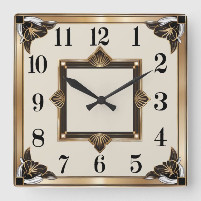 Art Deco Gold Quadratische Wanduhr (Vorderseite)