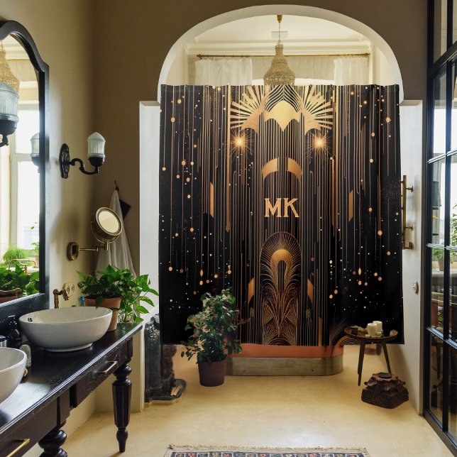 Art Deco Gold Rain Ägyptische Kunst Schwarz Mit Mo Duschvorhang (Opulent black with gold rain Art Deco curtain with futuristic twist and your initial or monogram )