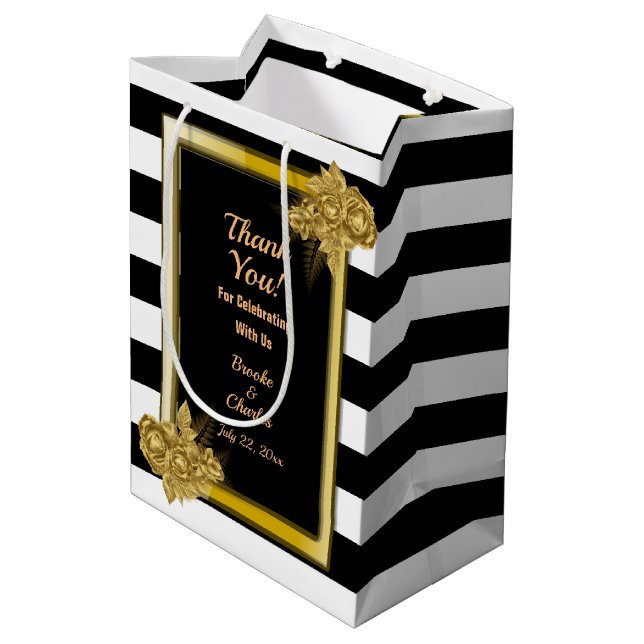 Art Deco, Gold Rose, schwarze Streifen Mittlere Geschenktüte (Rückseite Schrägansicht)