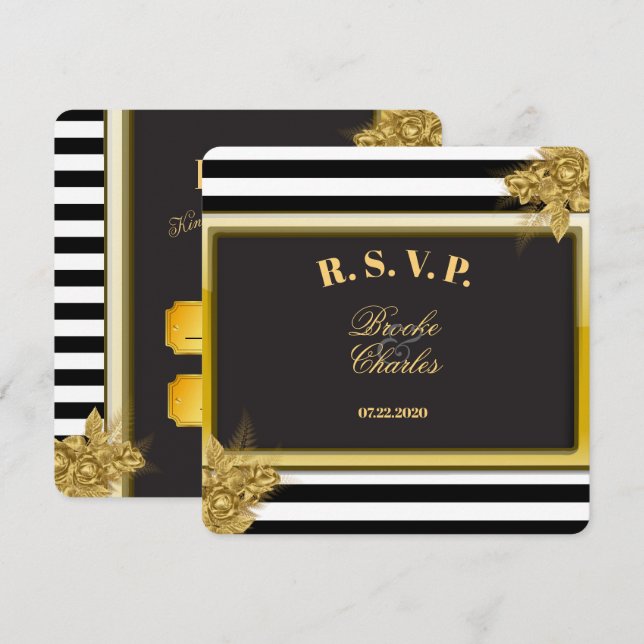 Art Deco Gold Rose & Stripes Hochzeiten RSVP Karte (Vorne/Hinten)