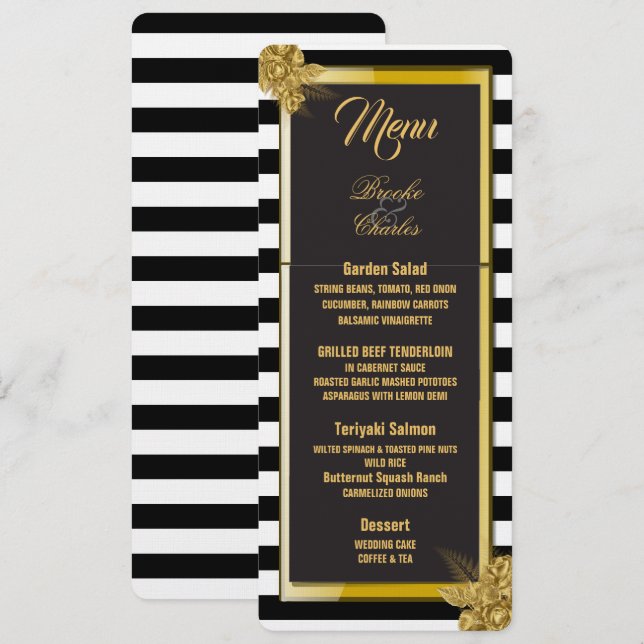 Art Deco Gold Rose, Stripes Wedding Menu Card Menükarte (Vorne/Hinten)