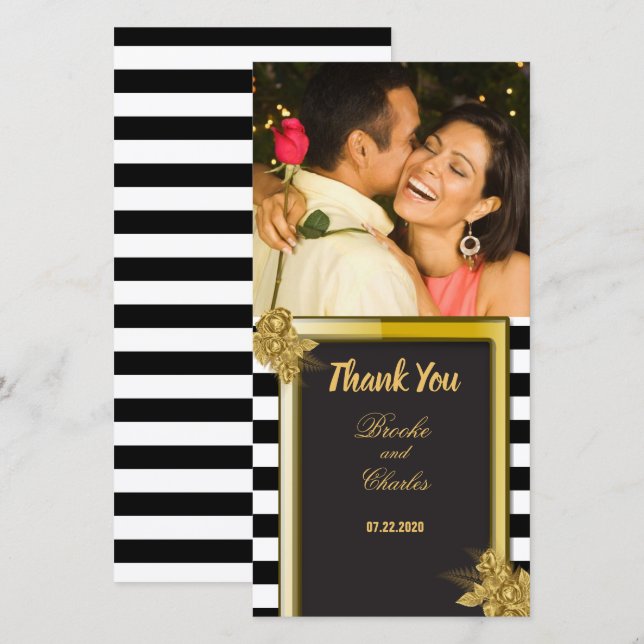 Art Deco Gold Rose, Stripes Wedding Vielen Dank Dankeskarte (Vorne/Hinten)