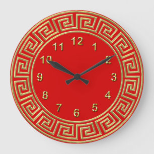 Art Deco Gold Roter griechischer Schlüsselrand Gol Große Wanduhr