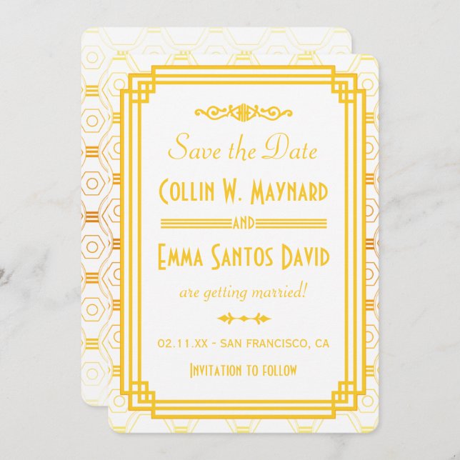 Art Deco Gold Save the Date Einladung (Vorne/Hinten)