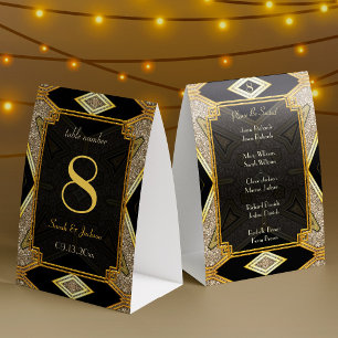 Art Deco Gold Schwarz Hochzeit Tisch Nummer & Name Tischaufsteller