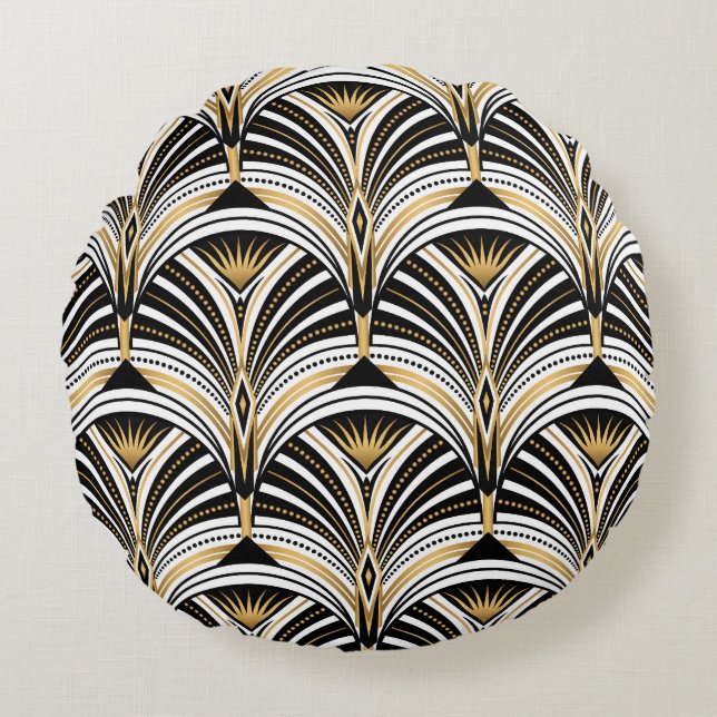 Art Deco Gold Schwarze Elegante Rundes Kissen (Vorderseite)