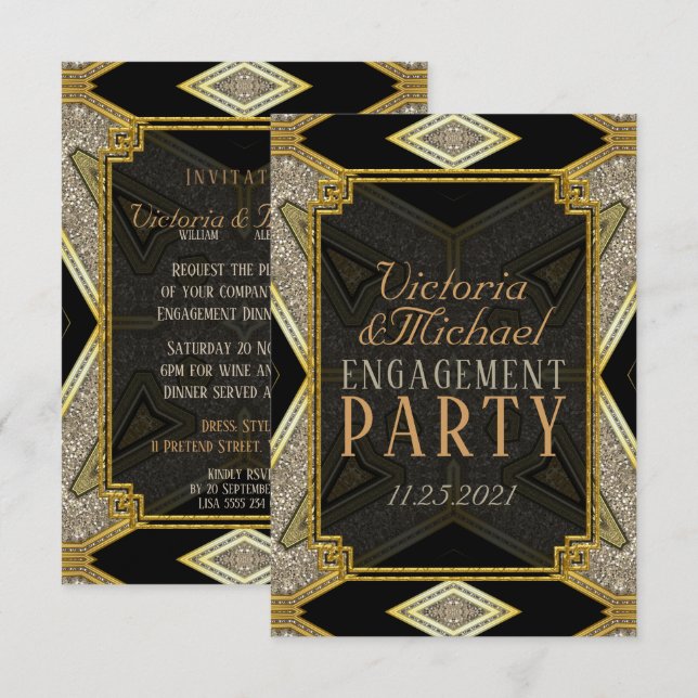 Art Deco Gold Schwarze Verlobung Einladung (Vorne/Hinten)