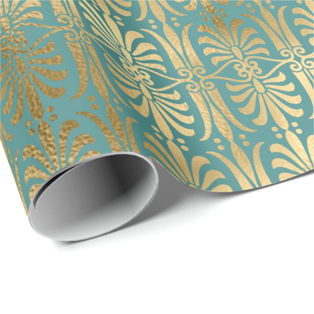 Art Deco Gold Sepia Metallic Aquamarin Aquatic Geschenkpapier (Rolleneckpunkt)