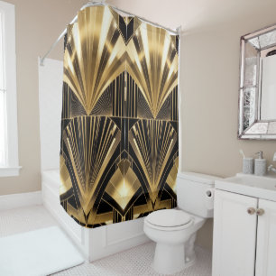 Art Deco Gold Sonnenstrahl Schwarz Gold Geometrisc Duschvorhang
