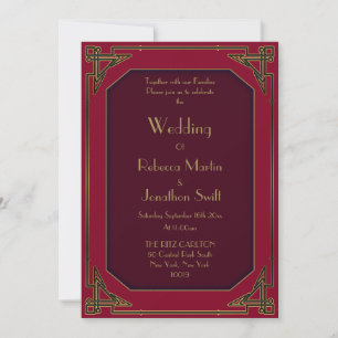 Art Déco Gold sur Red Vintage Wedding Invitation