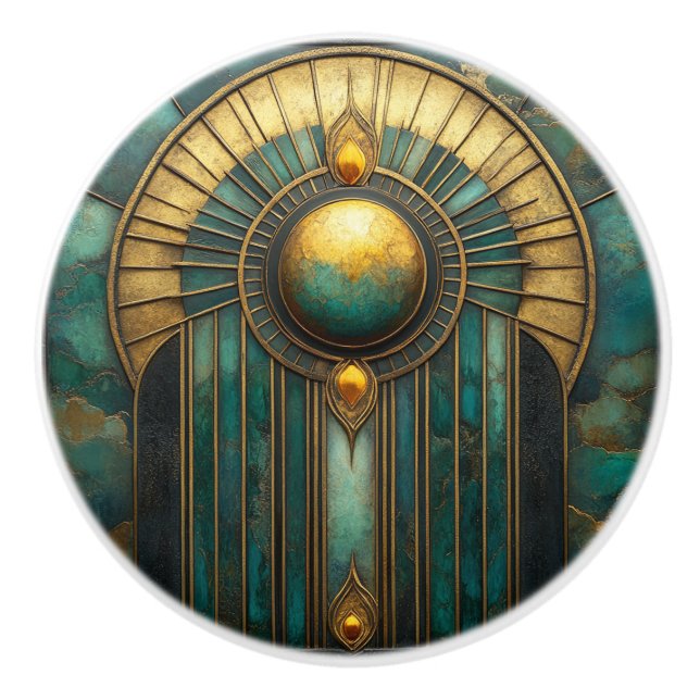 Art Deco Gold Türkis Abstrakt leuchtende Sonne Keramikknauf (Vorderseite)
