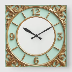 Art Deco Gold und Minze Quadratische Wanduhr