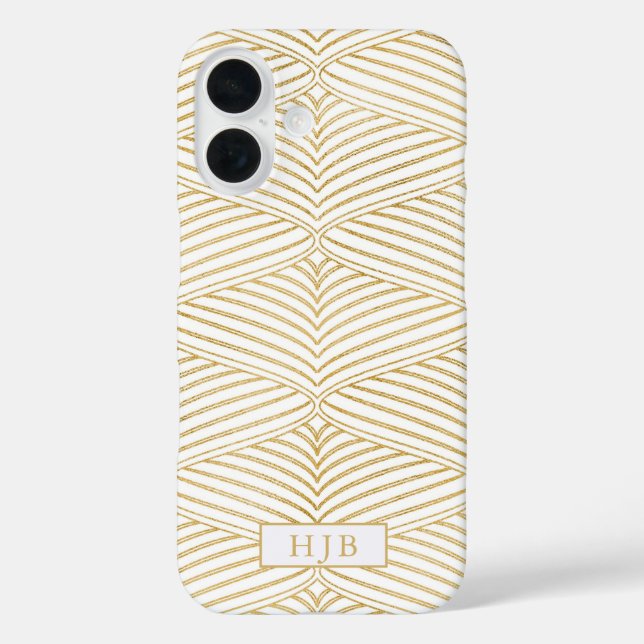 Art Deco Gold & White Monogram Hübsch iPhone 16 Hülle (Rückseite)