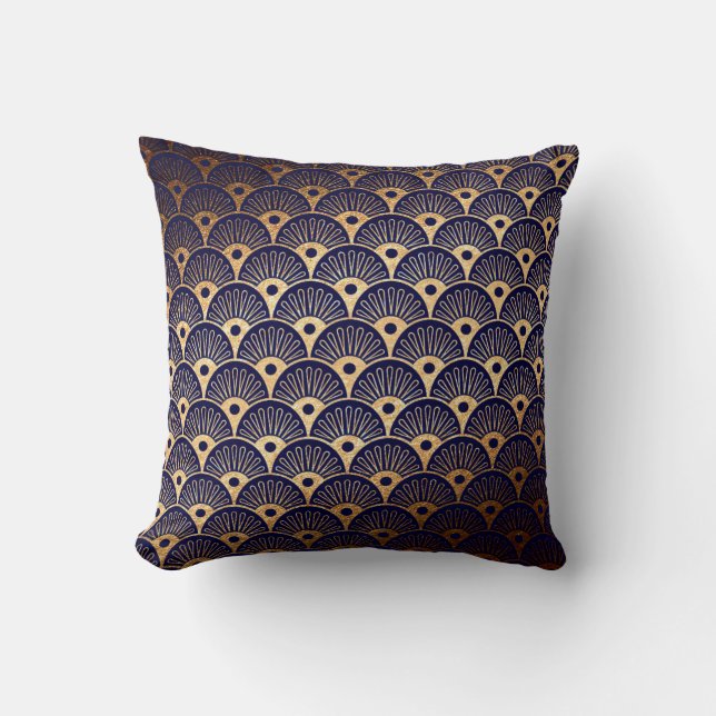 Art Deco Golden Blu Marine Seashells Pillow Kissen (Vorderseite)