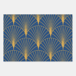 Art Deco Golden Geometric Fans auf blauem Navy Geschenkpapier Set