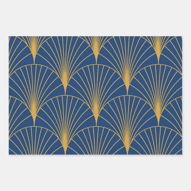 Art Deco Golden Geometric Fans auf blauem Navy Geschenkpapier Set (Vorderseite)